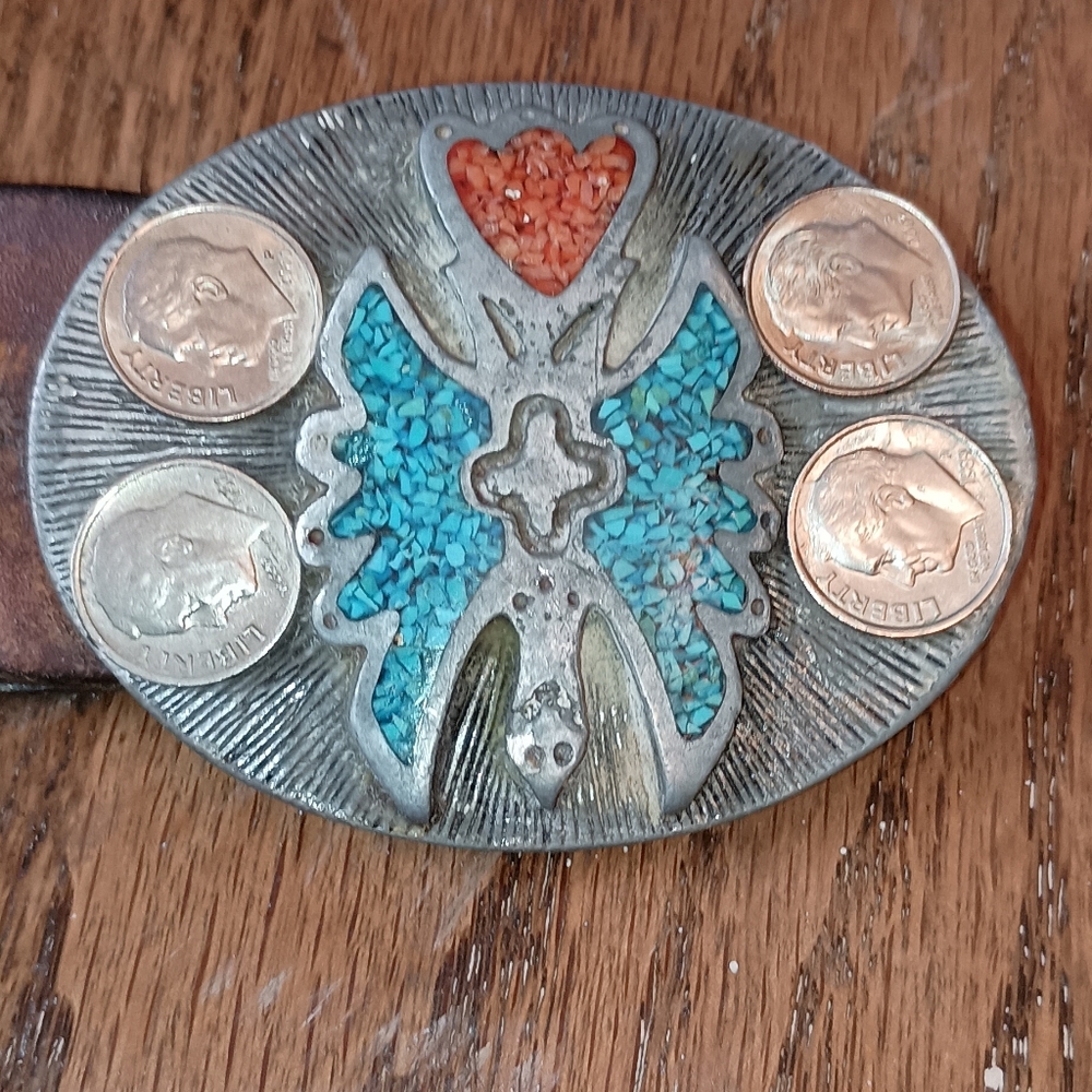 Vintage Turquoise Coral Color Inlay Metal Belt Buckle